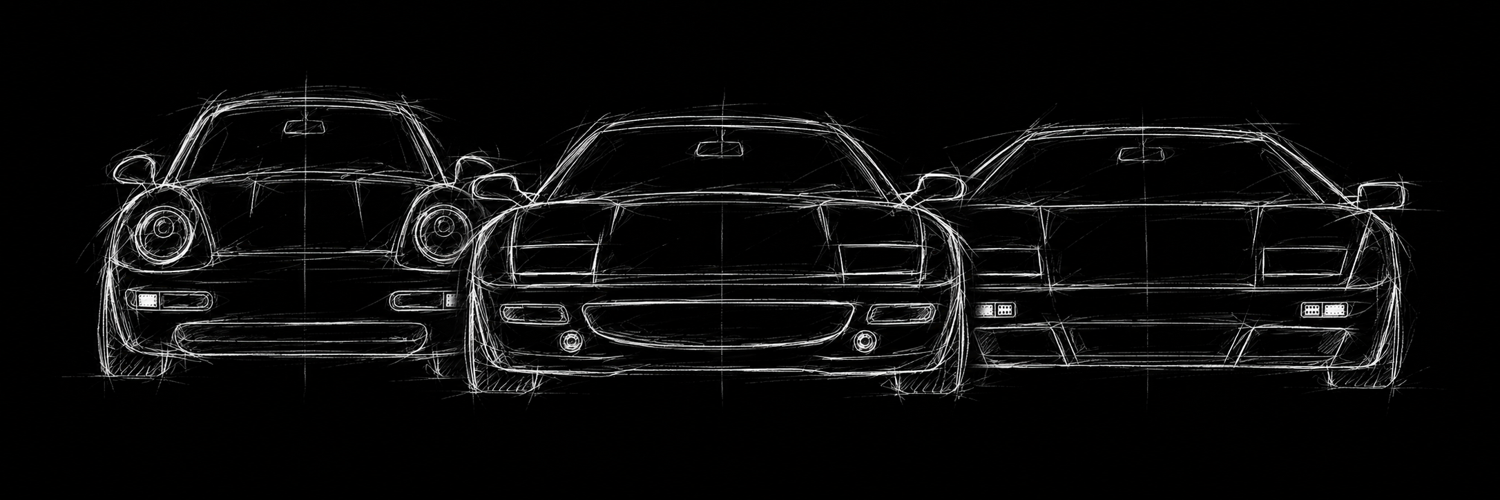 White gestural illustration of a Porsche 993, Ferrari F355 and Lamborghini Diablo against black