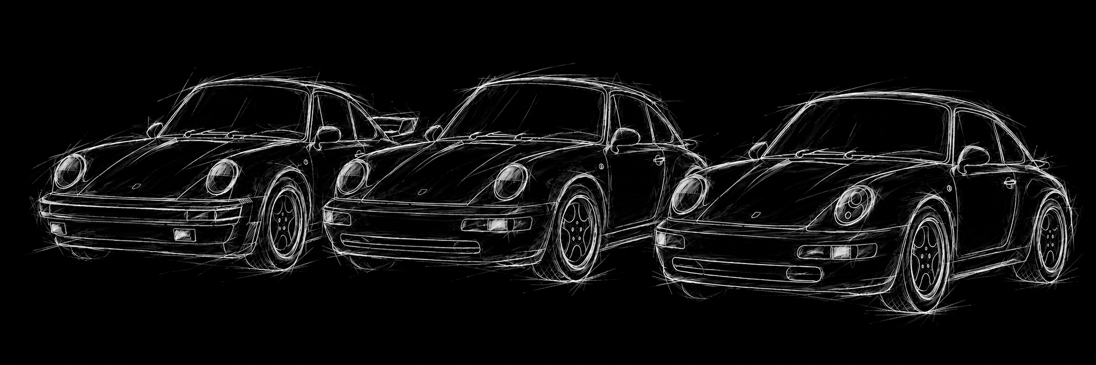 White sketch of three Porsche 911 generations with a 993 in front