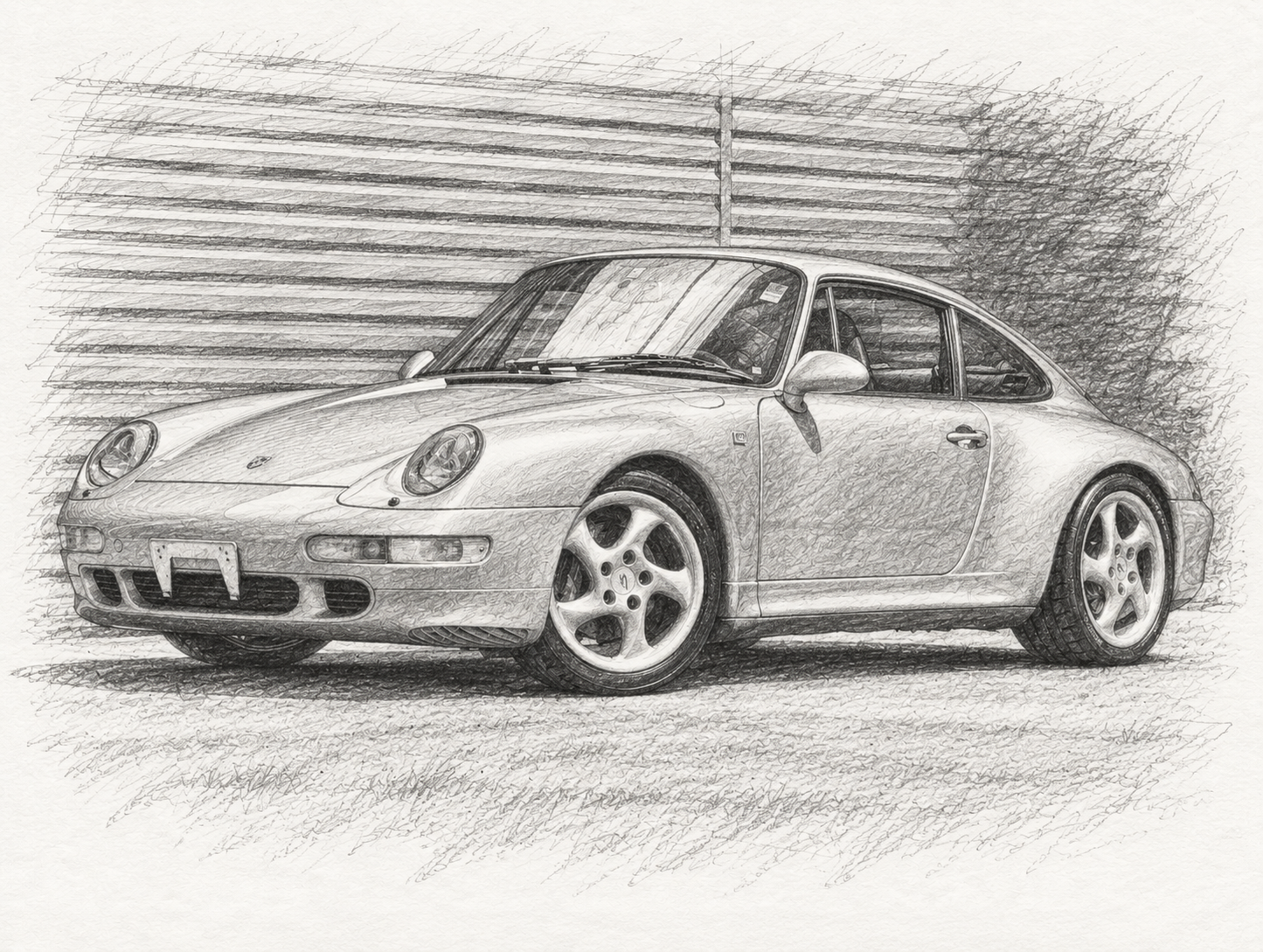 Hand-drawn style pencil sketch of a silver Porsche 993 coupe